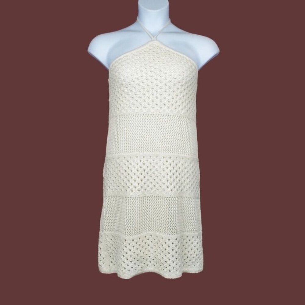 Old Navy Womens Sleeveless Ivory Halter Neck Crochet Knit Mini Dress Size M NWT